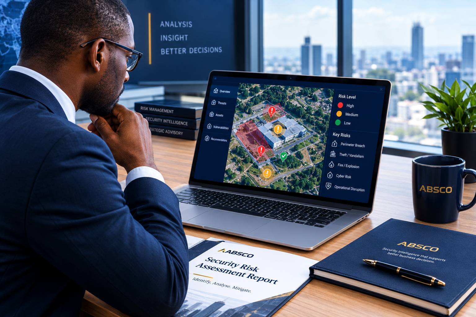 Security professional reviewing a site risk map